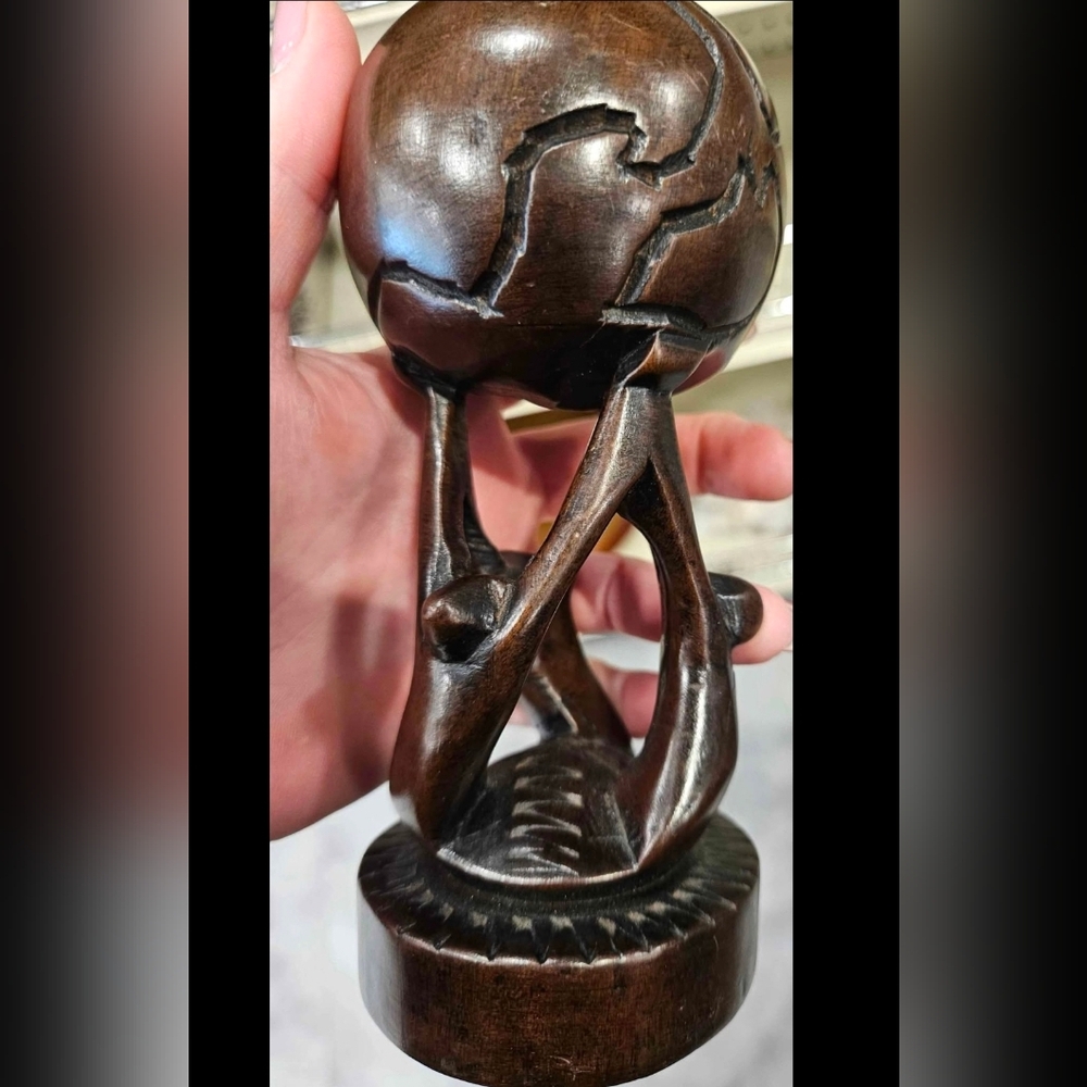 African Ebony Wood Carved World Globe Unity Figurine